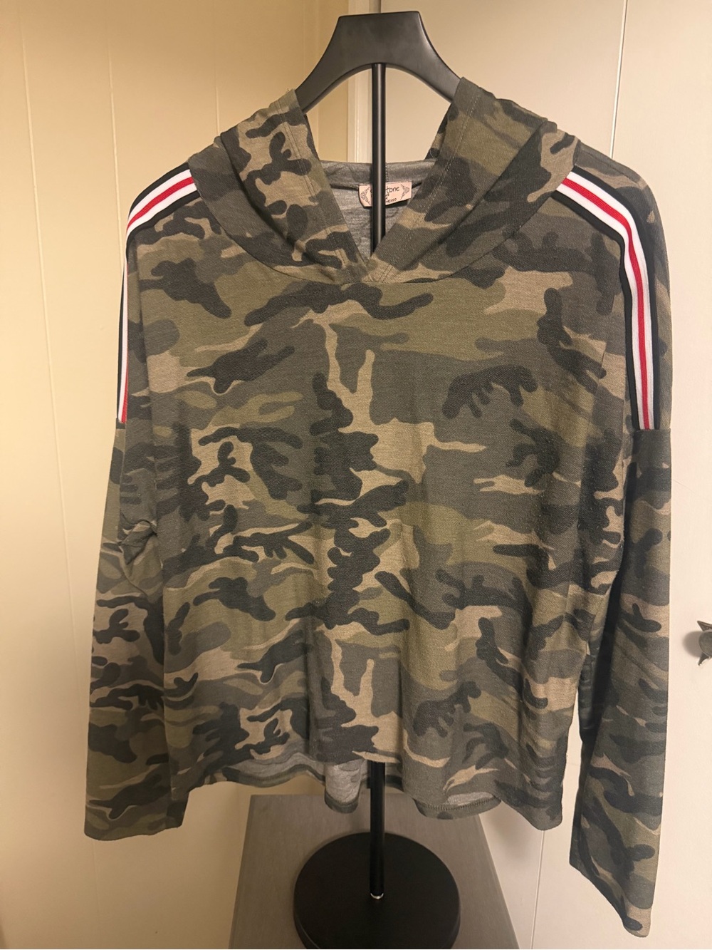 Camo Hooded Pullover with Red-White-Black Shoulder Stripes - Green